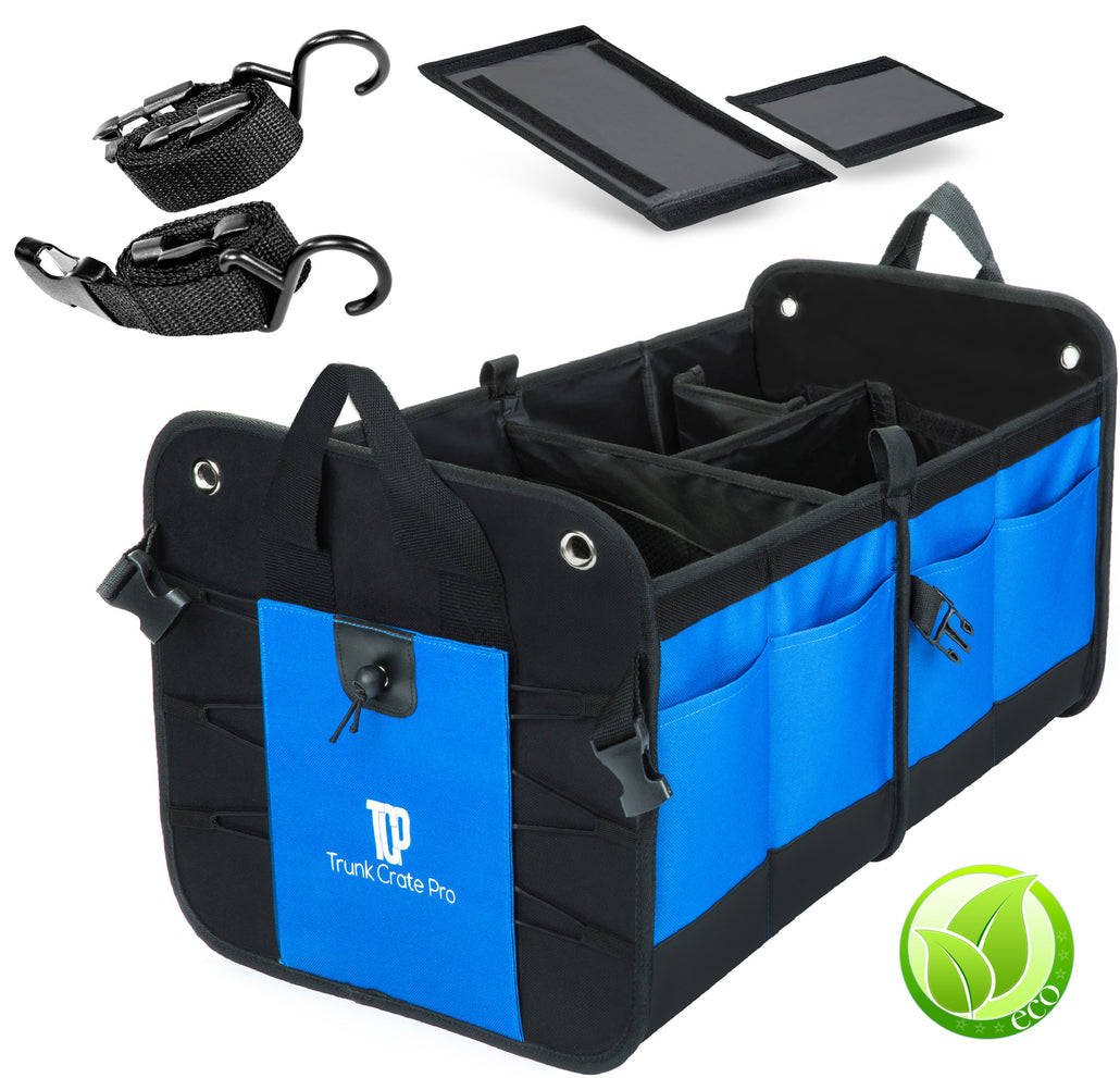 TrunkCratePro Best Premium multi compartments trunk organizer with straps - Ideal for Vehicles SUV Van RV Car Truck (Blue)
