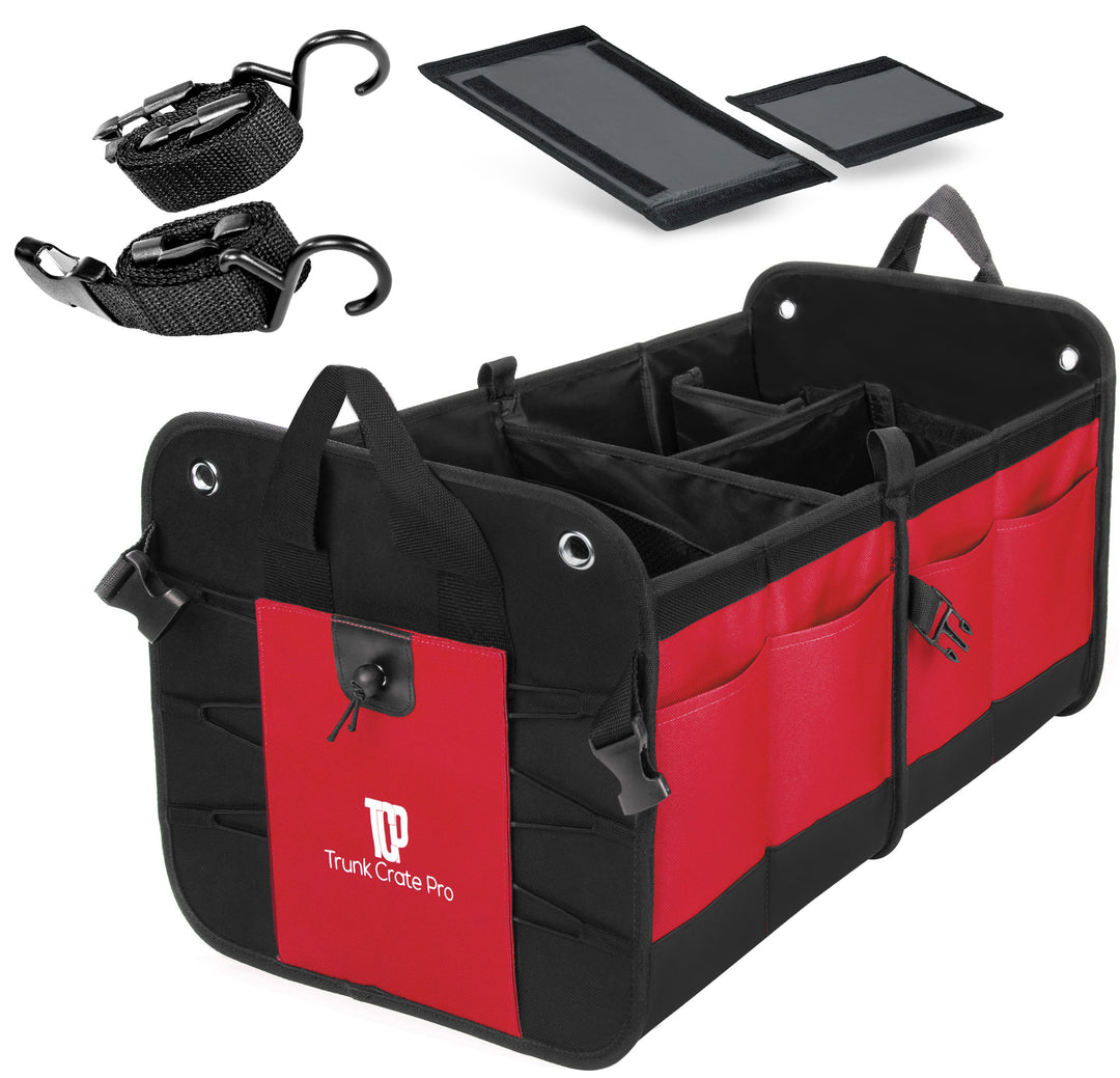 TrunkCratePro Best Premium multi compartments trunk organizer with straps - Ideal for Vehicles SUV Van RV Car Truck (Red)