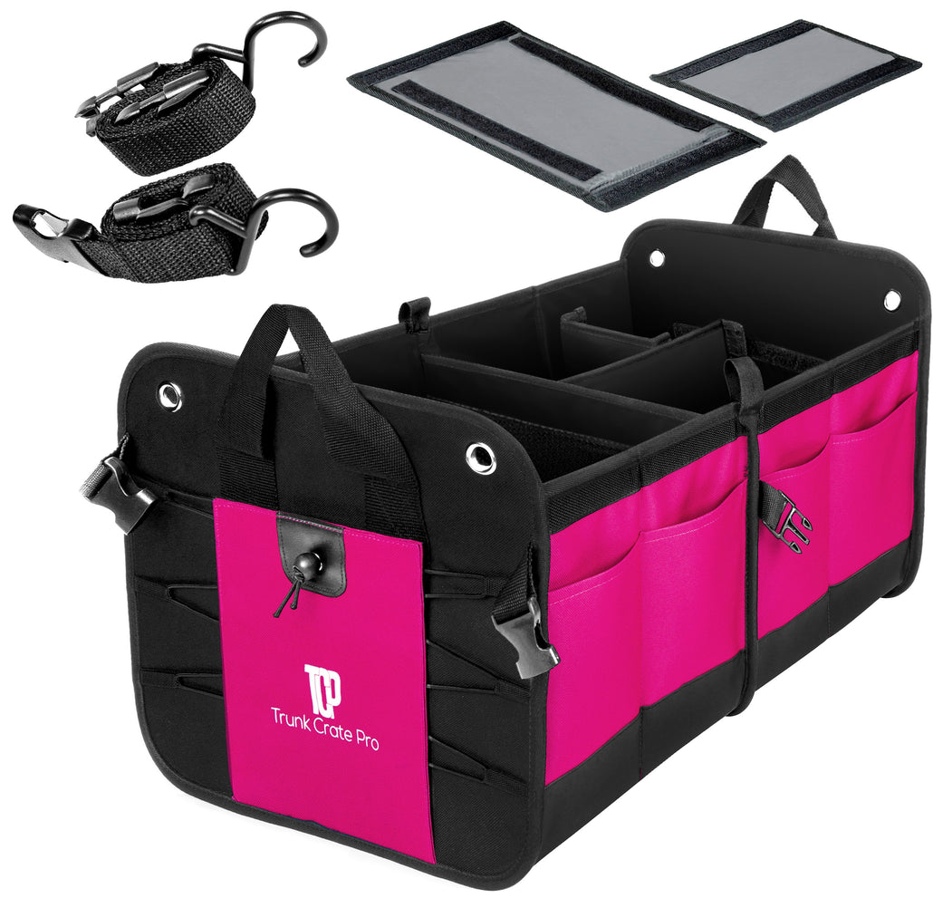 TrunkCratePro Best Premium multi compartments trunk organizer with straps - Ideal for Vehicles SUV Van RV Car Truck (Pink)